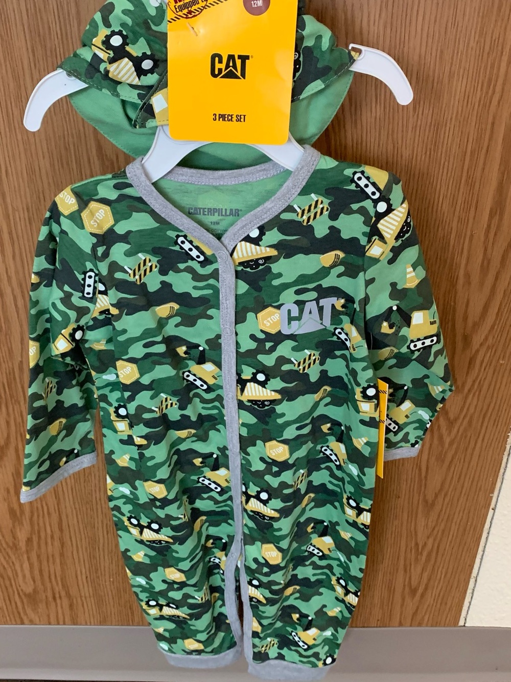CAT Green Camo 3 Piece Set Baby Coverall with Hat Size 12 Months NWT